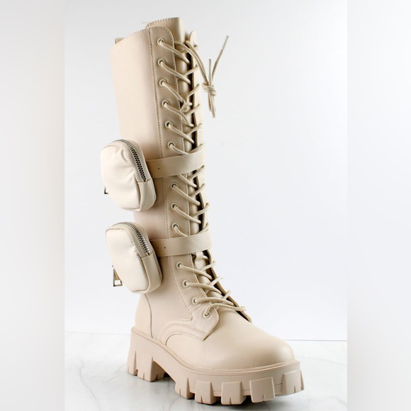 Beige High Double Pouch Combat Boots - Picture 2 of 3